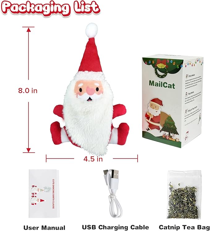 Cat Toys Intelligent Flapping Santa Clause, Interactive Christmas Cat Toys for Indoor Cats Chase Exercise, Suitable for Cat Teaser Stick, Music Melody, 3 Modes, Rechargeable - PAWPICO