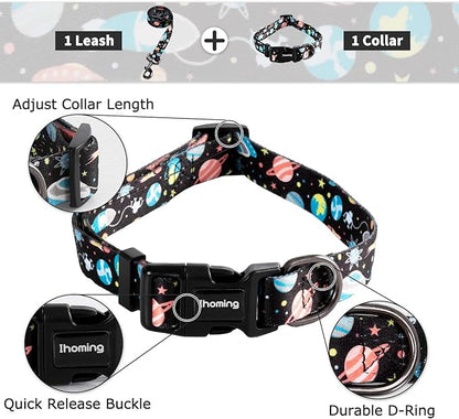 Ihoming Dog Collar and Leash Set for Daily Outdoor Walking Running Training, Space Design for Small Boys Girls Dogs Cats Pets, S-Up to 20LBS Ihoming