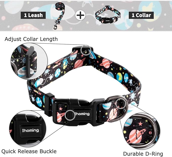 Ihoming Dog Collar and Leash Set for Daily Outdoor Walking Running Training, Space Design for Large Boys Girls Dogs Cats Pets, L-Up to 80LBS Ihoming