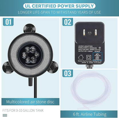 Pawfly 2 Inch Aquarium Air Stone Disc with LED Light Fine Bubbler Diffuser with Tubing for Fish Tank (Pump not Included) Pawfly