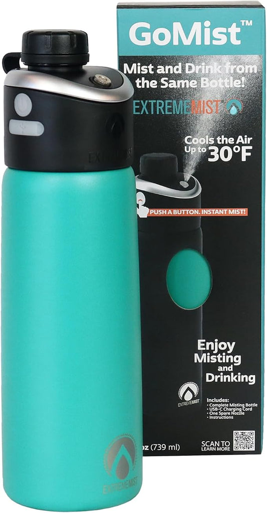 ExtremeMIST - GoMist Misting & Drinking Bottle - Personal Mister - Cooling Water Bottle with Easy-Drink Spout - Stainless-Steel Double Wall Insulation - Portable Mist Bottle - Marine Teal - 25oz/750ml ExtremeMist