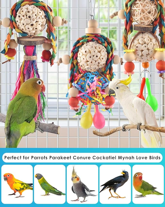 Bissap Conure Toys, 3PCS Bird Parrot Foraging Shredder Hanging Toys Sola Balls with Sand Hammer for Small Parrots Parakeets Conures Cockatiels Love Birds Cage Toy Bissap