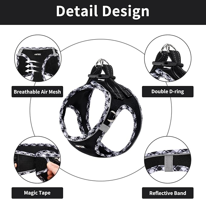 AMTOR Small Dog Harness with Leash Set, No Escape Easy Walk Puppy Harnesses for Training Walking, Step-in Reflective Soft Dogs Vest for XS S Medium Extra-Small Large Sized Dog(Blackwhite,XS) AMTOR