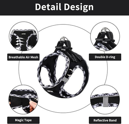 AMTOR Small Dog Harness with Leash Set, No Escape Easy Walk Puppy Harnesses for Training Walking, Step-in Reflective Soft Dogs Vest for XS S Medium Extra-Small Large Sized Dog(Blackwhite,XS) AMTOR