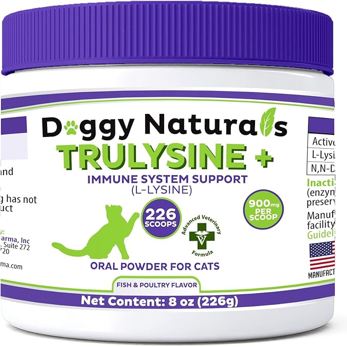 Trulysine Plus L-Lysine for Cats Immune Support Oral Powder 8oz/226g - Cats & Kittens of All Age, Sneezing, Runny Nose Squinting, Watery Eyes-Fish & Poultry Flavor (U.S.A)(225 Grams (900mg / Scoop)) Pet+Health+Pharma