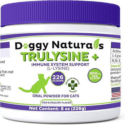 Trulysine Plus L-Lysine for Cats Immune Support Oral Powder 8oz/226g - Cats & Kittens of All Age, Sneezing, Runny Nose Squinting, Watery Eyes-Fish & Poultry Flavor (U.S.A)(225 Grams (900mg / Scoop)) Pet+Health+Pharma