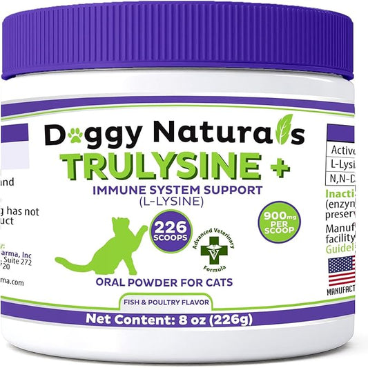 Trulysine Plus L-Lysine for Cats Immune Support Oral Powder 8oz/226g - Cats & Kittens of All Age, Sneezing, Runny Nose Squinting, Watery Eyes-Fish & Poultry Flavor (U.S.A)(225 Grams (900mg / Scoop)) Pet+Health+Pharma