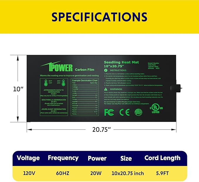 iPower 10" x 20.75" Waterproof Durable Seedling Heat Mat with Controller Warm Hydroponic Plant for Indoor Gardening Germination Starting iPower