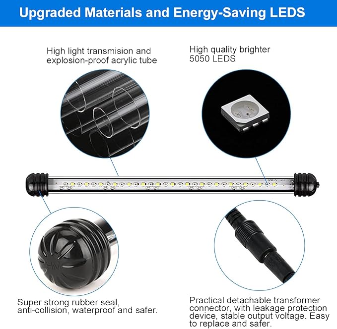 VARMHUS Submersible LED Aquarium Light,Fish Tank Light with Timer Auto On/Off Dimming Function,3 Light Modes Dimmable White-Blue,10 Brightness Levels Optional&3 Levels of timed Loop Function 7.5'' VARMHUS