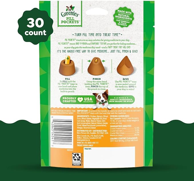 GREENIES PILL POCKETS for Dogs Capsule Size Natural Soft Dog Treats, Chicken Flavor, 7.9 oz. Pack (30 Treats) - PAWPICO