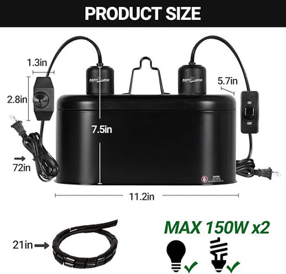 REPTI ZOO Dual Reptile Light Fixture with Dimming, Deep Dome Reptile Heat Lamp Fixture, UVB Light Dual Fixture Lamp Cap for Reptile Terrarium Tank REPTIZOO