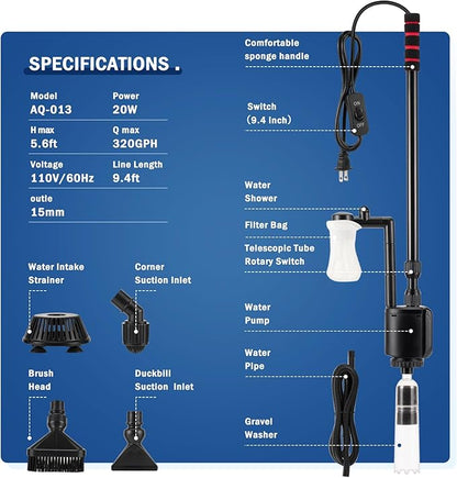 AQQA Aquarium Gravel Cleaner Kit, 6 in 1 Electric Fish Tank Vacuum Cleaning Tools Water Changer, Multifunction Wash Sand Filter Water Circulation 20W 320GPH 110V AQQA