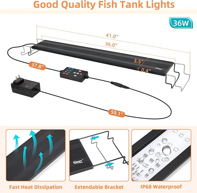 hygger LED Aquarium Light, 36W Full Spectrum Fish Tank Light with Multi-Color Timer DIY Mode 24/7 Natural Mode Adjustable Brightness, Aquarium Plant Light with Extendable Brackets for 36~41IN Tank hygger
