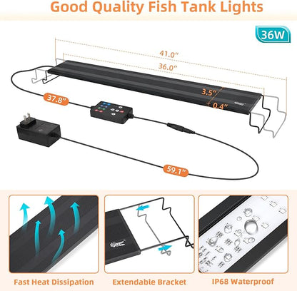 hygger LED Aquarium Light, 36W Full Spectrum Fish Tank Light with Multi-Color Timer DIY Mode 24/7 Natural Mode Adjustable Brightness, Aquarium Plant Light with Extendable Brackets for 36~41IN Tank hygger