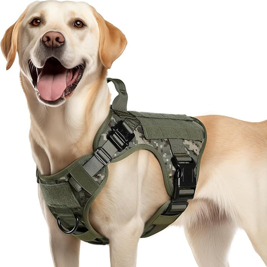 rabbitgoo Tactical Dog Harness Medium Sized, Heavy Duty Pet Harness with Handle, No-Pull Service Vest Medium Breed, Adjustable Military Dog Vest for Training Hunting Walking, Green Camo, M rabbitgoo
