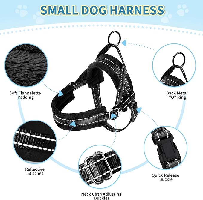 SlowTon No Pull Small Dog Harness and Leash Set, Puppy Soft Vest Harness Neck & Chest Adjustable, Reflective Lightweight Harness & Anti-Twist Pet Lead Combo for Small Medium Dogs (Black, XXS) SlowTon