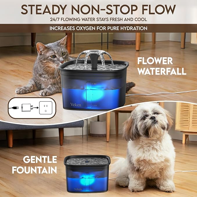 Veken 95oz/2.8L Pet Fountain, Automatic Cat Water Fountain Dog Water Dispenser with Replacement Filters for Cats, Dogs, Multiple Pets (Space Black, Plastic) - PAWPICO