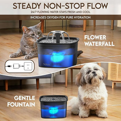 Veken 95oz/2.8L Pet Fountain, Automatic Cat Water Fountain Dog Water Dispenser with Replacement Filters for Cats, Dogs, Multiple Pets (Space Black, Plastic) - PAWPICO