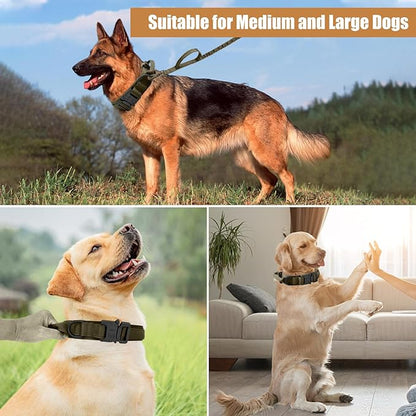Tactical Dog Collar Leash Set, Adjustable Military Training Nylon Collar Dog Training with Control Handleand Metal Buckle, Dog Collar for Medium Large Dogs (Green,L) - PAWPICO