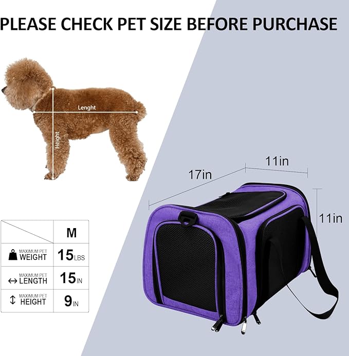 Henkelion Pet Carrier for Small Medium Cats Dogs Puppies up to 15 Lbs, Airline Approved Small Dog Carrier Soft Sided, Collapsible Travel Puppy Carrier - Purple - PAWPICO