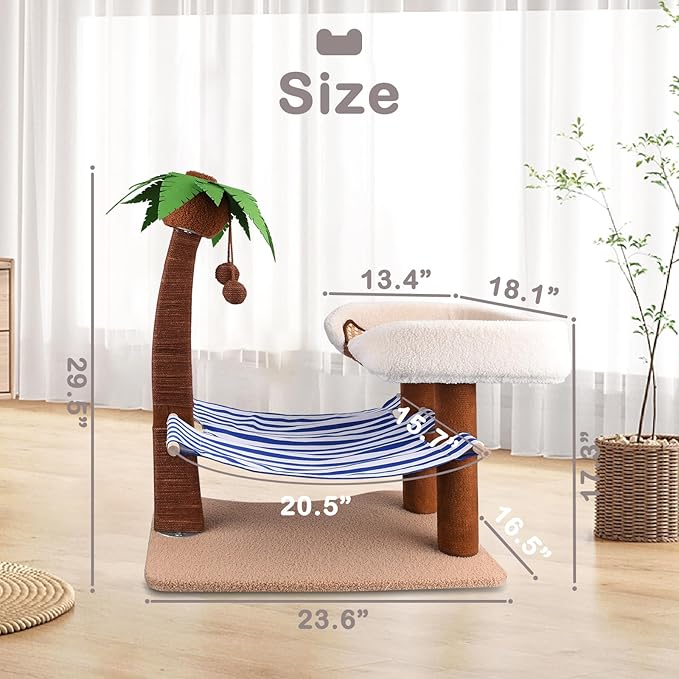 Cat Scratch Post with Hammock,29.5 Inches Tall Cat Scratcher with Cat Bed for Indoor Cats,Sisal Rope Cat Tree Scratching Post Tall with Hanging Ball for Small Cat Kitten - PAWPICO