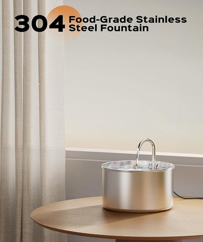 Cat Water Fountain Stainless Steel + 8 filters + 8 Sponges - Pet Water Fountains Faucet Metal Automatic Cat/Dog Waterer Bowls Pets Watering Running Bottle Water Dispenser for Drinking Ultra Quiet Pump - PAWPICO