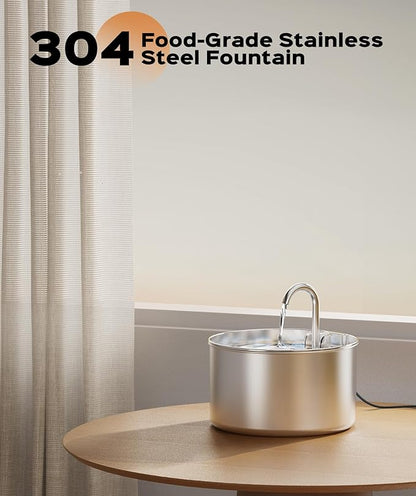 Cat Water Fountain Stainless Steel + 6 Filters + 3 Sponges - Pet Water Fountain 24/7 Keep The Water Fresh 74oz Capacity Ultra-Quiet No Sputter Compact Easy to Clean - PAWPICO