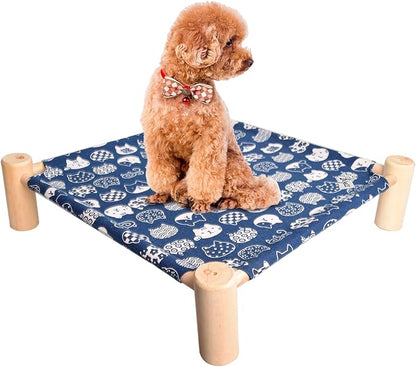 Cat/Dog Bed,Wooden Pet Hammock Bed,Elevated Breathable Dog Bed, Detachable Portable Indoor/Outdoor Cat Beds&Furniture,Suitable for Kitty,Puppy,Bunny and Small Animal(Blue Cats) - PAWPICO