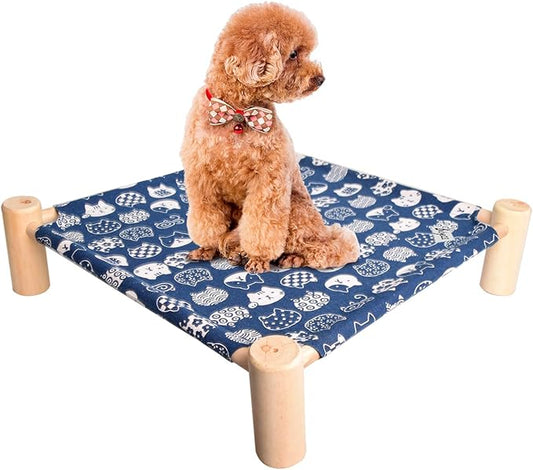 Cat/Dog Bed,Wooden Pet Hammock Bed,Elevated Breathable Dog Bed, Detachable Portable Indoor/Outdoor Cat Beds&Furniture,Suitable for Kitty,Puppy,Bunny and Small Animal(Blue Cats) - PAWPICO