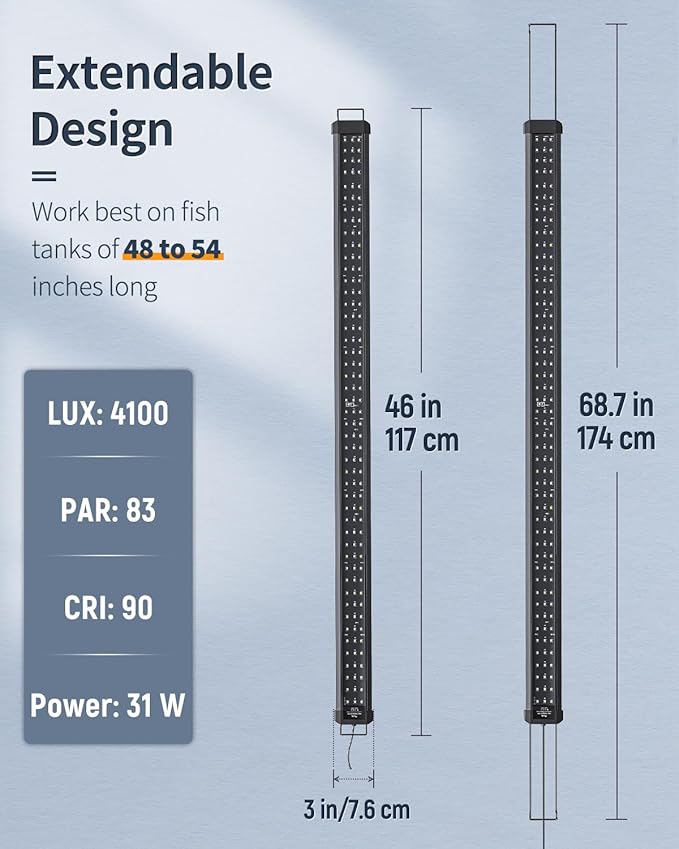 Pawfly 33W Aquarium LED Light for 48 to 54 Inch Fish Tanks Extendable Fish Tank Light with Full Spectrum Brilliant White Blue Red Lights with Daytime & Night Modes and Adjustable Brightness Pawfly