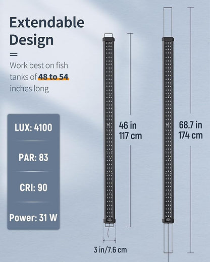 Pawfly 33W Aquarium LED Light for 48 to 54 Inch Fish Tanks Extendable Fish Tank Light with Full Spectrum Brilliant White Blue Red Lights with Daytime & Night Modes and Adjustable Brightness Pawfly