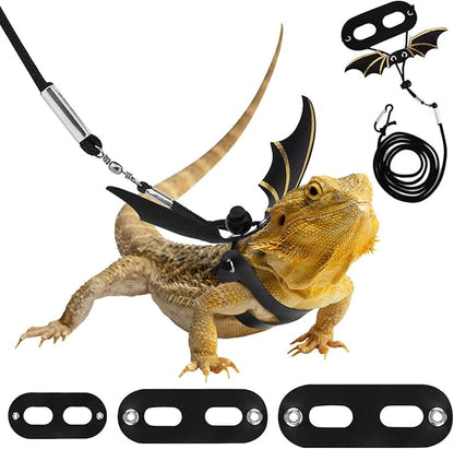 Pawaboo Adjustable Bearded Dragon Harness and Leash, 3 Size Leather Reptile Leash Outdoor Harness Leash with Bat Wings for Lizard Reptiles Amphibians Small Pet, Small/Medium/Large, Black+Gold Pawaboo