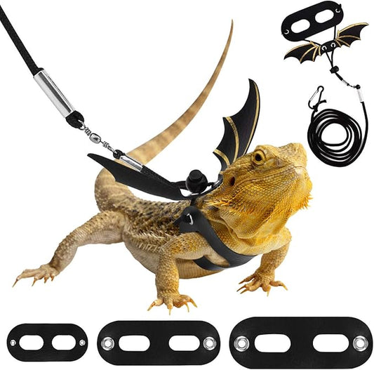 Pawaboo Adjustable Bearded Dragon Harness and Leash, 3 Size Leather Reptile Leash Outdoor Harness Leash with Bat Wings for Lizard Reptiles Amphibians Small Pet, Small/Medium/Large, Black+Gold Pawaboo