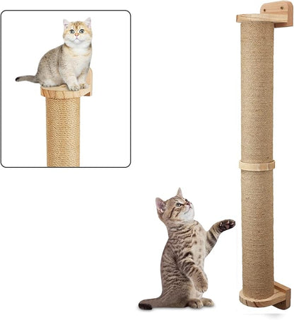 2 Tier Cat Wall Wood Sisal Scratching Post for Indoor - 37 inch Tall- Vertical or Horizontal Wall Mounted Cat Scratcher, Cat Scratching Board, Cat Activity Trees Cat Wall Furniture Shelves - PAWPICO