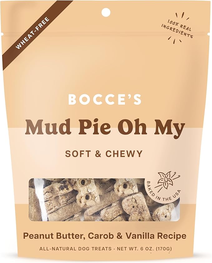 Bocce's Bakery Oven Baked Mud Pie Oh My Treats for Dogs, Wheat-Free Everyday Dog Treats, Made with Real Ingredients, Baked in The USA, All-Natural Soft & Chewy Cookies, PB, Carob & Vanilla, 6 oz - PAWPICO