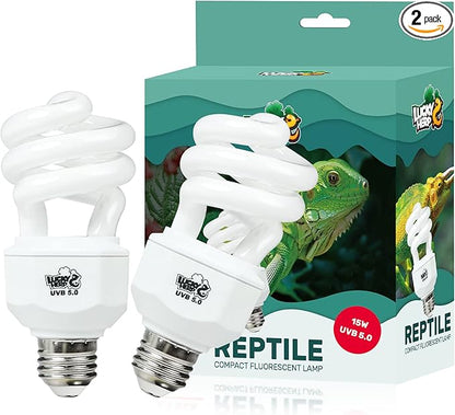 LUCKY HERP 2 Pack UVA UVB Reptile Light, 15W 5.0 UVB Bulb for Tropical and Sub Tropical Reptiles, Compact Fluorescent Terrarium Lamp, Reptile UVB Bulb for Chameleons, Lizard, Turtle LUCKYHERP