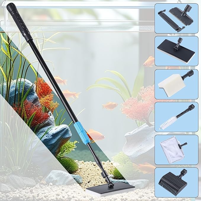 AquaMiracle 6 in 1 Aquarium Cleaning Tool Kit Fish Tank Cleaning Kit for 20-160 Gallon Tank with Telescopic Long Handle, Algae Scraper, Scrubber Pads, Tube Cleaner, Fish net, Gravel Rake AquaMiracle