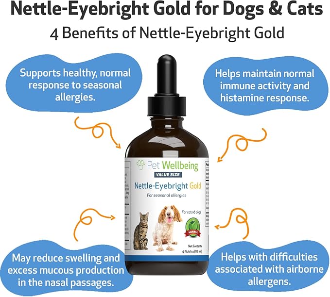 Pet Wellbeing Nettle-Eyebright Gold for Dogs & Cats - Vet-Formulated - Seasonal Sneezing, Itching, Watery Eyes - Natural Herbal Supplement 4 oz (118 ml) PetWellbeing
