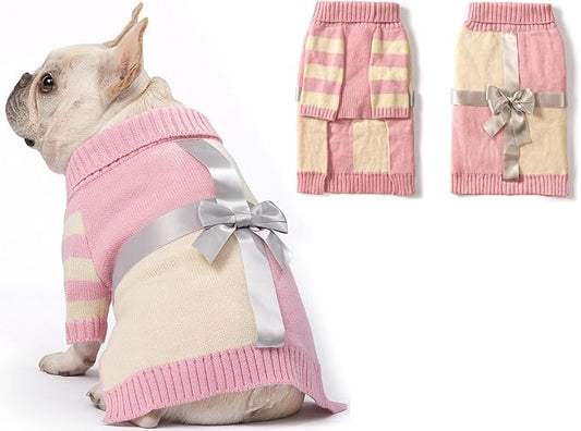 Dog Sweater for Small Size Dog - Puppy Gift Medium Warm Clothes in Winter, Turtleneck Pullover Design for Boy Girl Pet, Doggies, Cat, Kitten Weiner Pug Bulldog Beagles (S, Pink, Beige) - PAWPICO