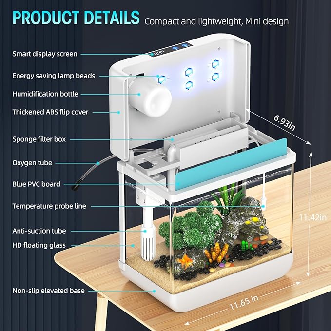 Fish Tank Aquarium 2.2 Gallon Fish Bowl with Humidifier 7 Color Auto-Looping Light 3 in 1 Quiet Pump with Filteration & Oxygenation & Circulation, Temperature Display, HD Float Glass, Thickened Base Focusonhomelifeandhealth