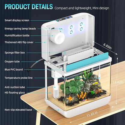 Fish Tank Aquarium 2.2 Gallon Fish Bowl with Humidifier 7 Color Auto-Looping Light 3 in 1 Quiet Pump with Filteration & Oxygenation & Circulation, Temperature Display, HD Float Glass, Thickened Base Focusonhomelifeandhealth