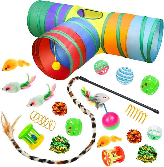 Malier Interactive Cat Tunnel Toys Set With Feather Toy, Crinkle Balls, and 3-Way Tube - Great for Kittens and Cats - PAWPICO