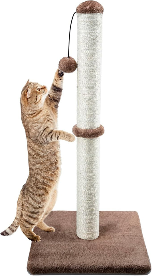 Dimaka 29" Height Tall Cat Scratching Post, Claw Scratcher with Sisal Rope and Covered with Soft Smooth Plush, Vertical Scratch [Full Strectch] for Standard Size Cats (Dark Brown, 29 inches) - PAWPICO