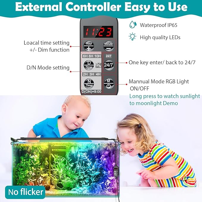 LED Aquarium Light, 24/7 Full Spectrum Dimmable Submersible Light 12-18 inch 12W for 10 Gallon Fish Tank, Day+Night Mode DIY Timer Auto On Off, High Brightness 8 Colors RGB Mode AHJ