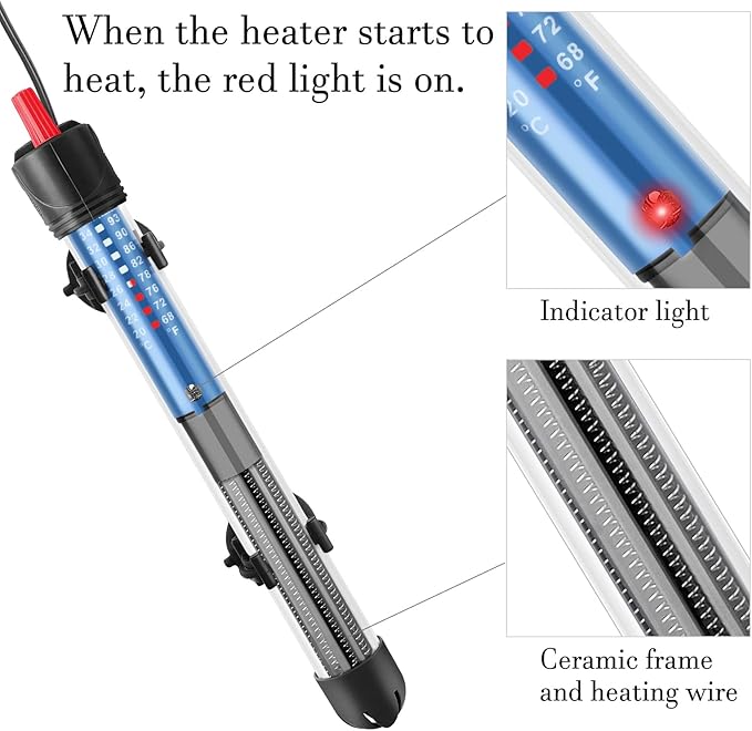 Hitop 25W/50W/100W/300W Adjustable Aquarium Heater, Submersible Glass Water Heater for 5 – 70 Gallon Fish Tank (100W) FEDOUR