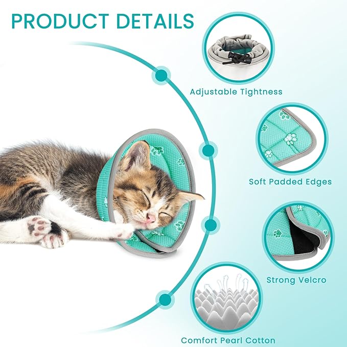 Cat Cone Collar Soft, Cat Recovery Collar Stop Licking After Surgery, Kitten Elizabethan Collar, Adjustable, Lightweight, Comfortable - Green, S IDOGCHEW