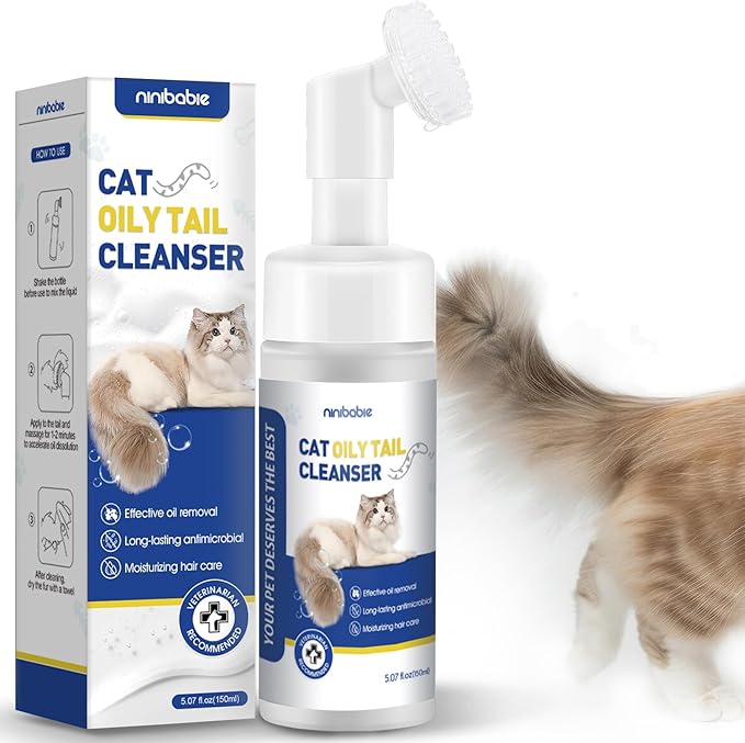 Cat Oily Tail Cleanser, 2-in-1 Wash and Brush,Removes Oil & Grease and Dandruff, PH Balanced,Degrease Cat Shampoo,Ideal for Cats with Oily Tails 5.07fl.oz Ninibabie