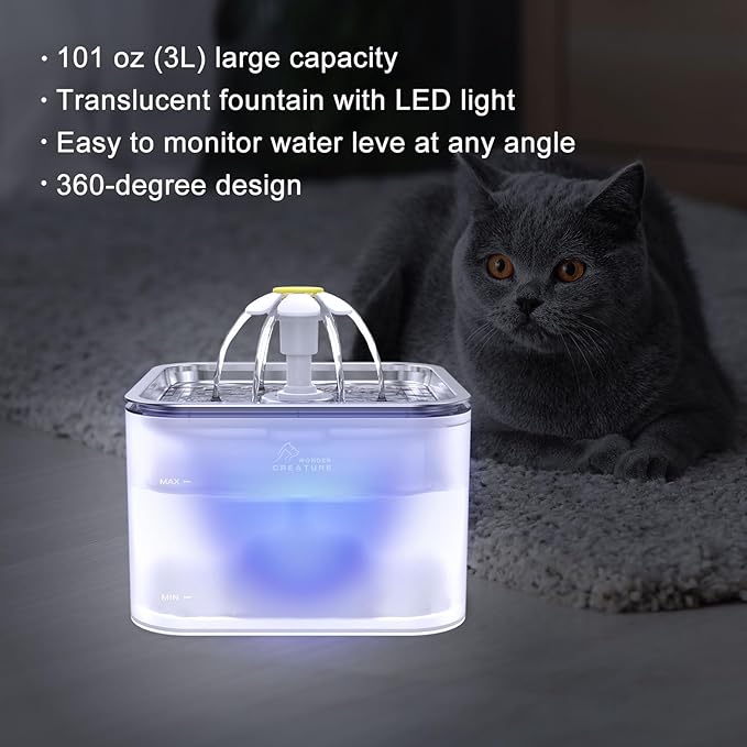 Cat Water Fountain Stainless Steel, 101oz/3L Pet Fountain with LED Light for Cats and Dogs (Clear) - PAWPICO