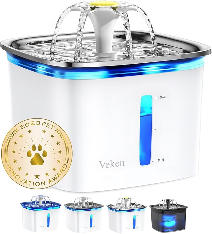 Veken 95oz/2.8L Stainless Steel Pet Fountain, Automatic Cat Water Fountain Dog Water Dispenser with Replacement Filters for Cats, Dogs, Multiple Pets (Silver, Stainless Steel) - PAWPICO