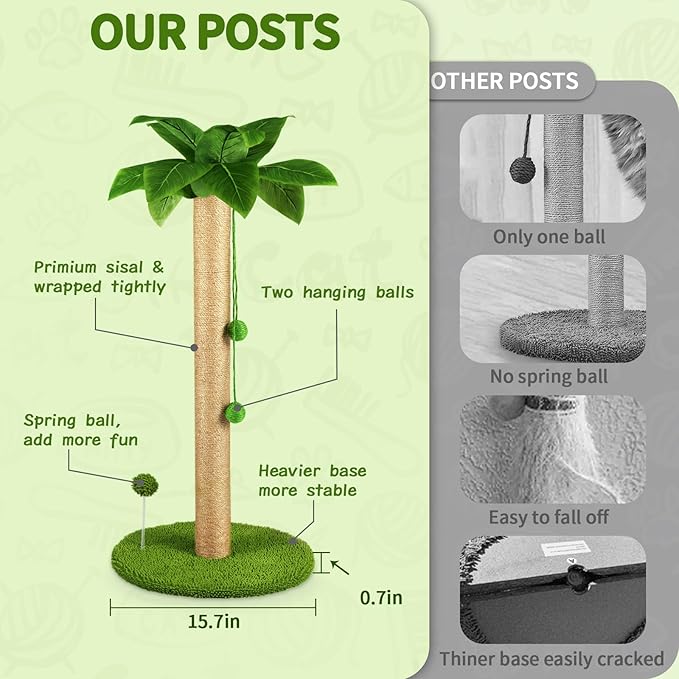 Dohump Cat Scratching Post, 31" Tall Scratch Tree with Premium Sisal Rope, Two Interactive Dangling Balls and Spring Ball Toys for Indoor Kittens and Cats - PAWPICO